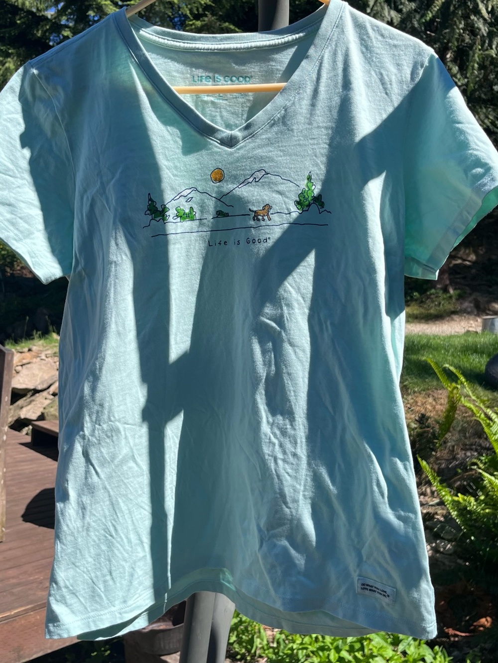 Life Is Good Light Green V-Neck Tee with Mountain & Dog Graphic